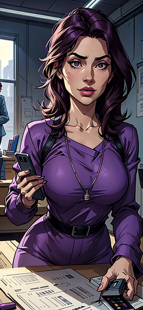 Create an image of a female architect wearing purple clothes, showing clear disinterest in a smartphone. She should be holding the phone, but her focus should be on architectural plans, sketches, or a model. The setting can be an office or a creative studio, emphasizing her dedication to her work and ideas over digital distractions. The overall mood should convey her deep concentration on her projects and her disregard for the phone.