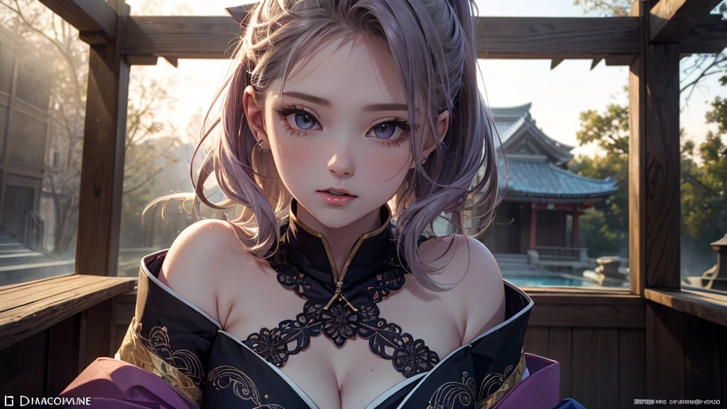 One Girl,Delicate and beautiful face,Flowing，Perfect balance, detailedな衣服のdetailed,Cinema Lighting, , Light and dark contrast, 8K, masterpiece, Textured skin, 超detailed, High detail, high quality, High resolution, ull body photos amazing real, (close), One Girl, Midnight purple hair, long 髪,,ponytail, Shrine maiden clothing with intricate patterns, ultra detailed, (texture_clothing), Japanese style landscape, (Intricate details, hyperdetailed:1.15), detailed, Light passing through hair, (Official Art, extreme detailed, highest detailed),8K, masterpiece, Textured skin, 超detailed, High detail, high quality, High resolution,(最high quality, masterpiece, Dynamic Angle, highest detailed),sexy,Big Breasts,Exposed shoulders