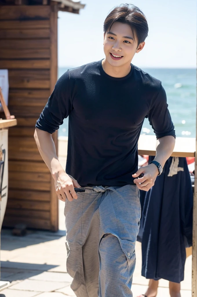 (Create a masterpiece: 1.2),(CGI art:1.3),(realistic:1.5),(After processing:1.3), (Sharp focus:1.3), 1 man, open mouth, smile, (Navy blue round neck shirt), Navy cargo pants, Korean guy , korean men, (High gloss details), chest muscles, large arm muscles, blood vessel, Big muscles, Broad shoulders, looking at the audience, Balancing the eyes, Seaside, beach, sunlight, running towards the camera