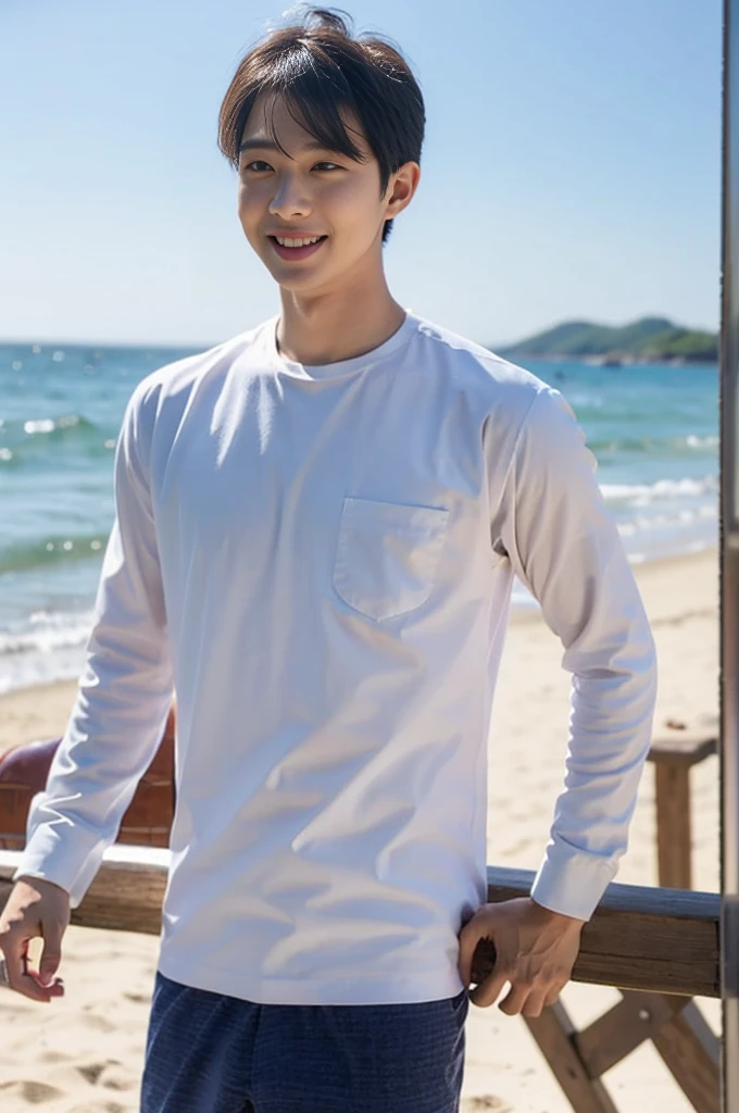 (Create a masterpiece: 1.2),(CGI art:1.3),(realistic:1.5),(After processing:1.3), (Sharp focus:1.3), 1 man, open mouth, smile, (Navy blue round neck shirt), Navy cargo pants, Korean guy , korean men, (High gloss details), chest muscles, large arm muscles, blood vessel, Big muscles, Broad shoulders, looking at the audience, Balancing the eyes, Seaside, beach, sunlight, running towards the camera