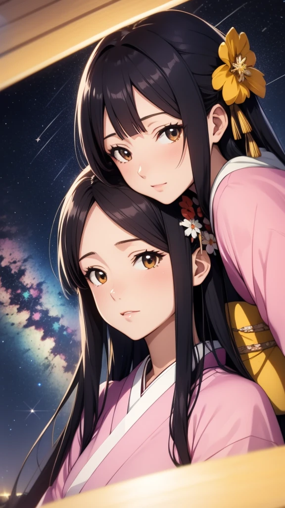 anime, 1 woman, 20 years old, Black Hair, Orihime,kimono,milky way,Starry Sky