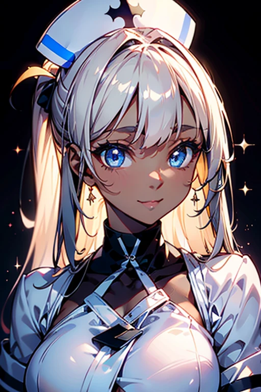 Portrait、、Bright expression、ponytail、Young, shiny, glossy skin、Gloss Face、Shining Cheek Gloss、Small Face Beauty、The best beauty、The dazzling light of silky silver hair、Bright blonde hair with dazzling highlights、Very beautiful silver hair、super long silky straight hair、Her shiny, beautiful bangs are covering her eyes.、Sparkling, clear, attractive, bright, large, pale blue eyes、Very big eyes、eyeliner、very beautiful lovely cute 16 year old girl、(huge Bust:1.6), full body , smile , (dark skin :1.3), wearing white nurse uniform , in hospital , nurse cap
