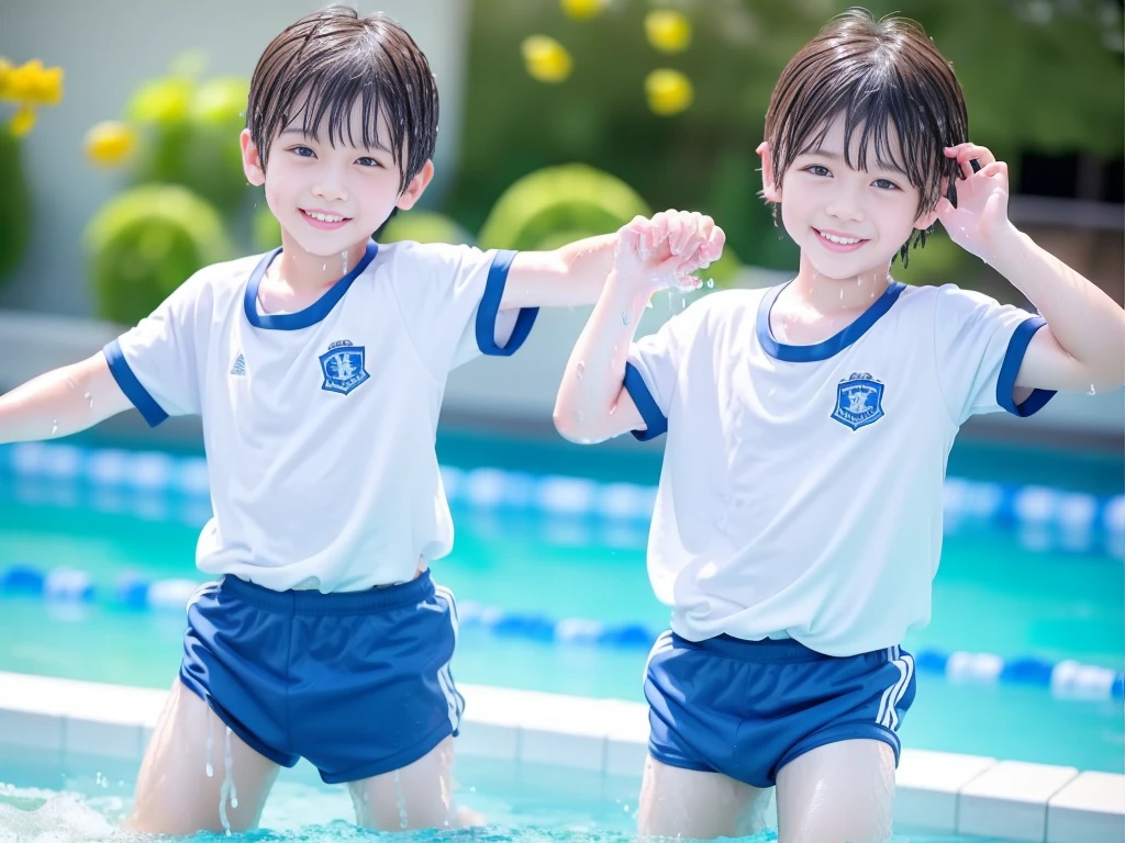 Summer vacation elementary school、Summer swimming pool、Get wet all over、Japan Boy、Glowing water splashes、A good boy dripping with water、Playing innocently、hot day、Two Boys、Various poses、Short sleeve gym uniform、Blue shorts、physical education、barefoot,Boys only 、10age