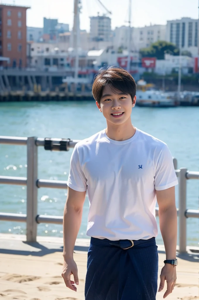 (Create a masterpiece: 1.2),(CGI art:1.3),(realistic:1.5),(After processing:1.3), (Sharp focus:1.3), 1 man, open mouth, smile, (Navy blue round neck shirt), Navy cargo pants, Korean guy , korean men, (High gloss details), chest muscles, large arm muscles, blood vessel, Big muscles, Broad shoulders, looking at the audience, Balancing the eyes, Seaside, beach, sunlight, running towards the camera