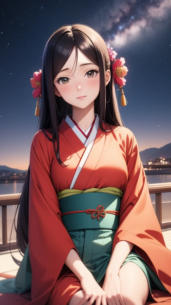 anime, 1 woman, 20 years old, Black Hair, Orihime,kimono,milky way,Starry Sky