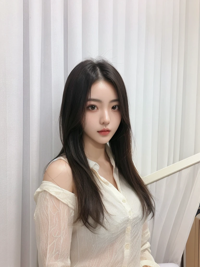 Best Quality, 8k, Masterpiece, (Portrait: 1.3), (photo realistic:1.4), (hyper realistic:1.4), Sharp Focus, looking at viewer, (smoother lighting:1.1), (increase cinematic lighting quality:0.9), realistic lighting, backlighting, light on face, ray trace, (brightening light:1.2), (Increase quality:1.4), sharp detail, (best quality real texture skin:1.4), finely detailed eyes, black_eyes, finely detailed face, 25 year old Korean woman, (white formal_shirt:1.4), (Create an image maintaining the original base model hairstyle:1.5)