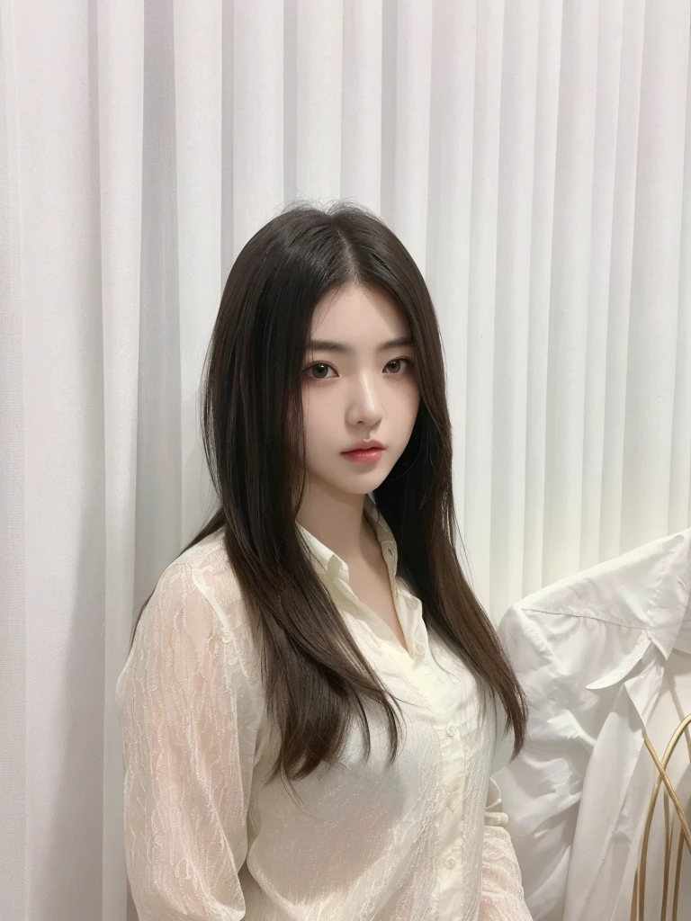 Best Quality, 8k, Masterpiece, (Portrait: 1.3), (photo realistic:1.4), (hyper realistic:1.4), Sharp Focus, looking at viewer, (smoother lighting:1.1), (increase cinematic lighting quality:0.9), realistic lighting, backlighting, light on face, ray trace, (brightening light:1.2), (Increase quality:1.4), sharp detail, (best quality real texture skin:1.4), finely detailed eyes, black_eyes, finely detailed face, 25 year old Korean woman, (white formal_shirt:1.4), (Create an image maintaining the original base model hairstyle:1.5)