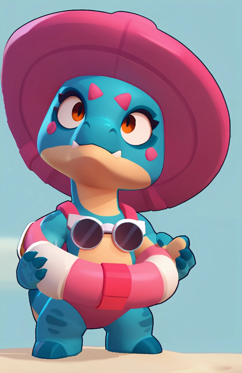 full view of a dinosaur, female, dark blue skin, friendly dinosaur, having a pink and white buoy, dinosaur animal, brawl, brawl stars