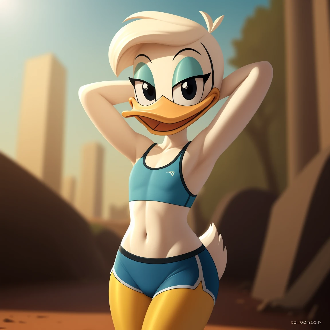 photorealism, duck, Betsy Duck, detailed background, outside, eyeshadow, tan hairstyle, cartoon, (flat chested), (yellow legs: 1.2), smiling, happy, ducktales

wear cyan sports bra, cyan shorts, hands behind head, intricate, detailed

simple black eyes, detailed, intricate, skinniest torso, (showing her torso)

highest quality, (detailed white skin:1.3), (looking at the viewer), (soft cinematic light:1.1) ,