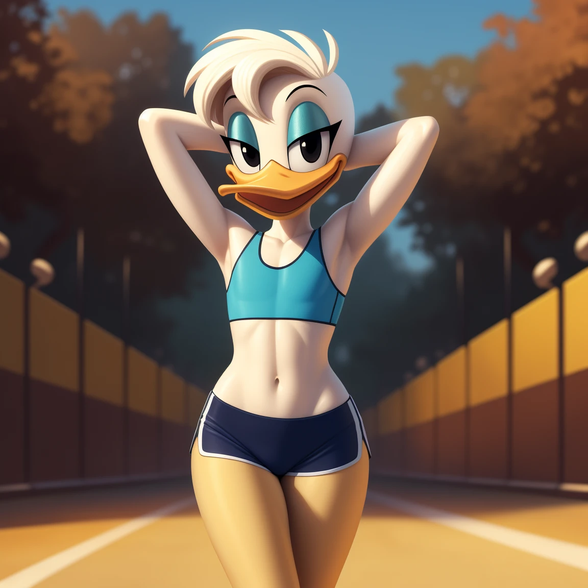 photorealism, duck, Betsy Duck, detailed background, outside, eyeshadow, tan hairstyle, cartoon, (flat chested), (yellow legs: 1.2), smiling, happy, ducktales

wear cyan sports bra, cyan shorts, hands behind head, intricate, detailed

simple black eyes, detailed, intricate, skinniest torso, (showing her torso)

highest quality, (detailed white skin:1.3), (looking at the viewer), (soft cinematic light:1.1) ,