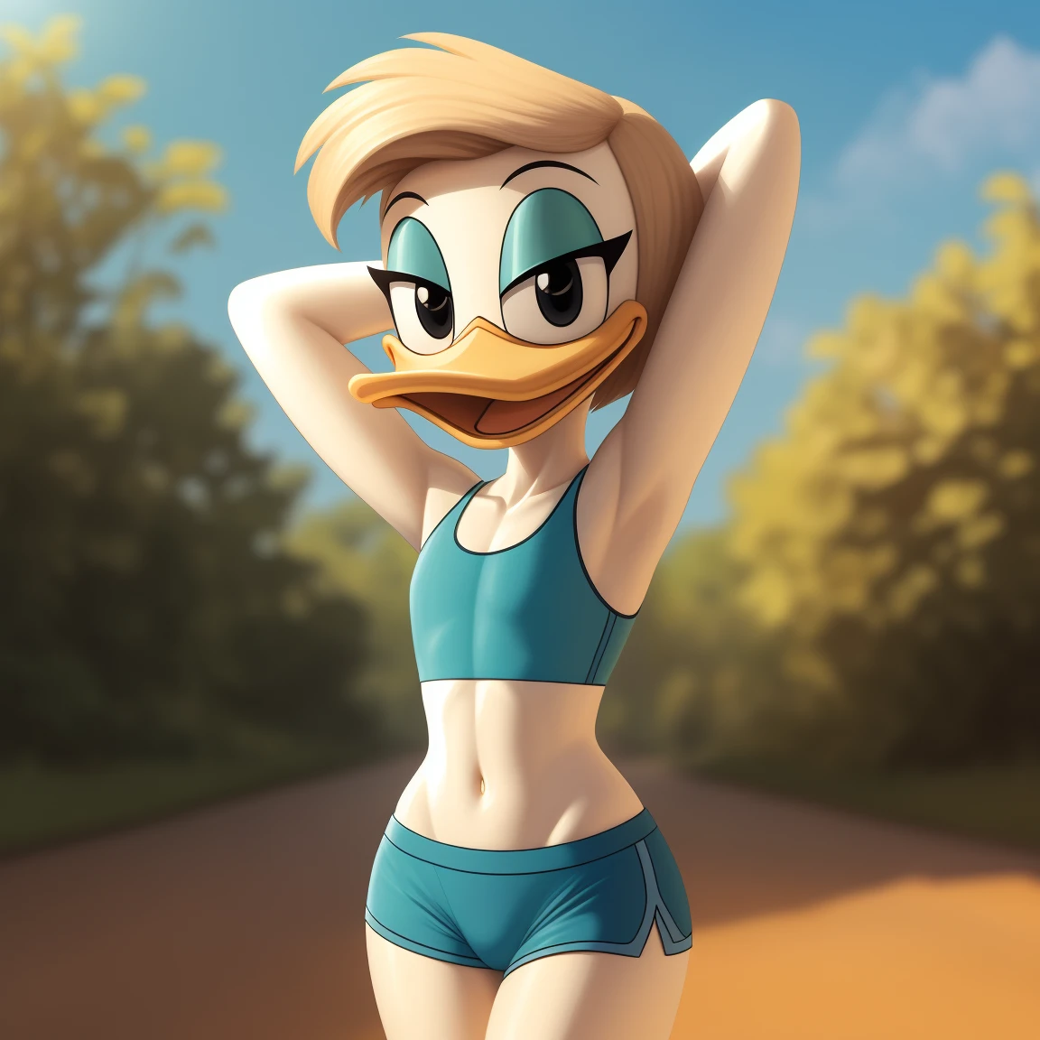 photorealism, duck, Betsy Duck, detailed background, outside, eyeshadow, tan hairstyle, cartoon, (flat chested), (yellow legs: 1.2), smiling, happy, ducktales

wear cyan sports bra, cyan shorts, hands behind head, intricate, detailed

simple black eyes, detailed, intricate, skinniest torso, (showing her torso)

highest quality, (detailed white skin:1.3), (looking at the viewer), (soft cinematic light:1.1) ,