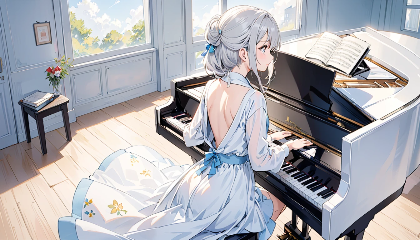 Rear view of a beautiful girl playing piano、、Silvery-white hair、That girl&#39;s’ figure and the piano create perfect harmony.>High quality rendering、Somehow short-lived atmosphere、Beautiful sunset view from the window、