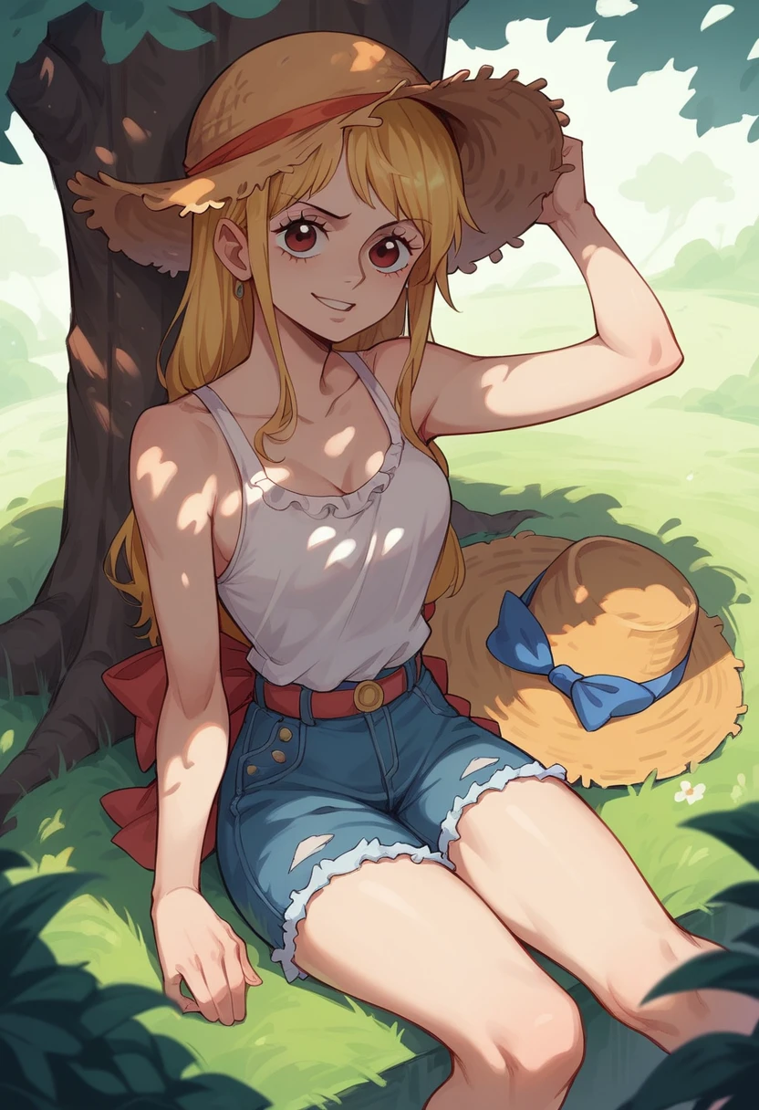  girl、one piece、Straw hat、Under the tree、Tree shade