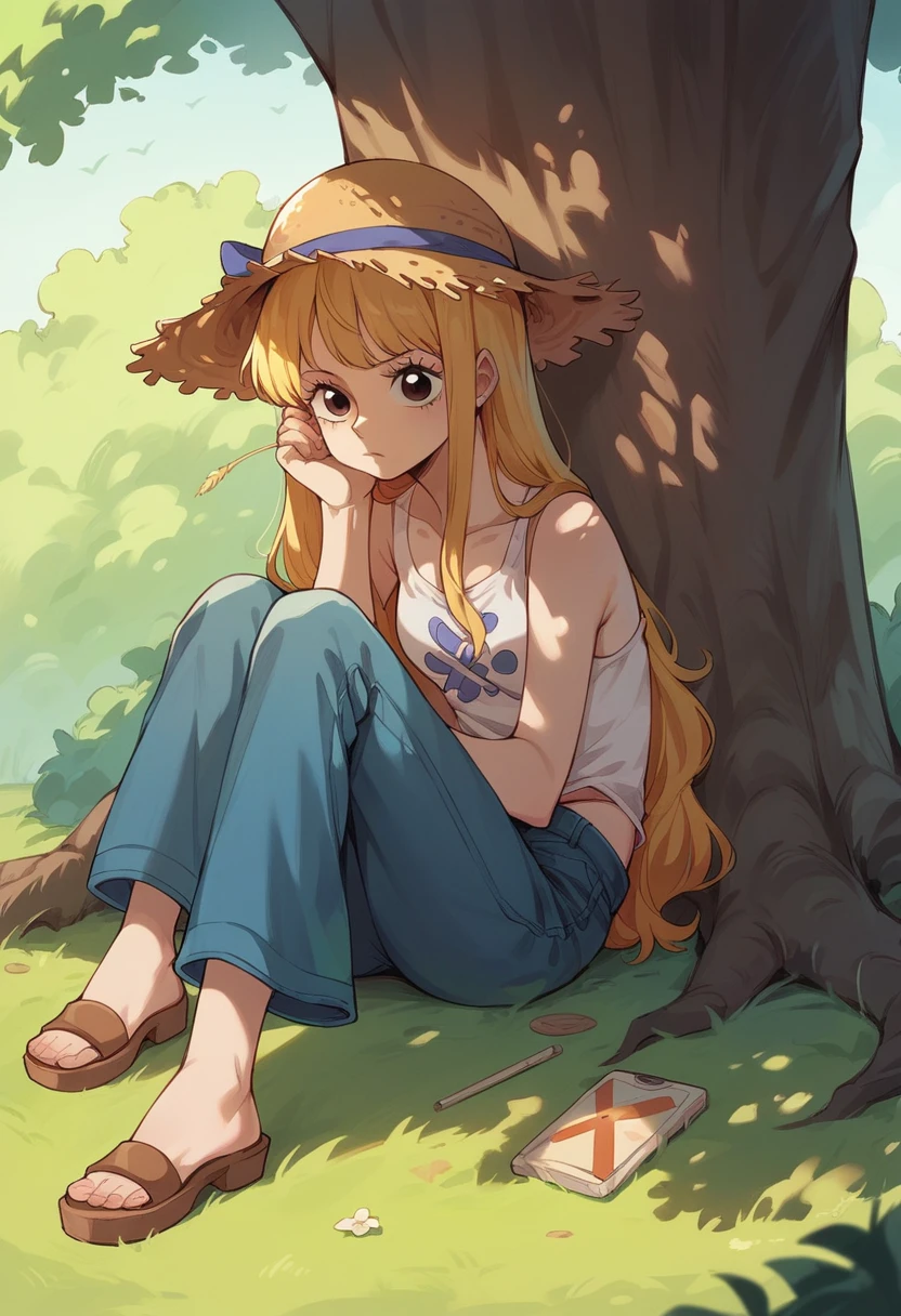 girl、one piece、Straw hat、Under the tree、Tree shade