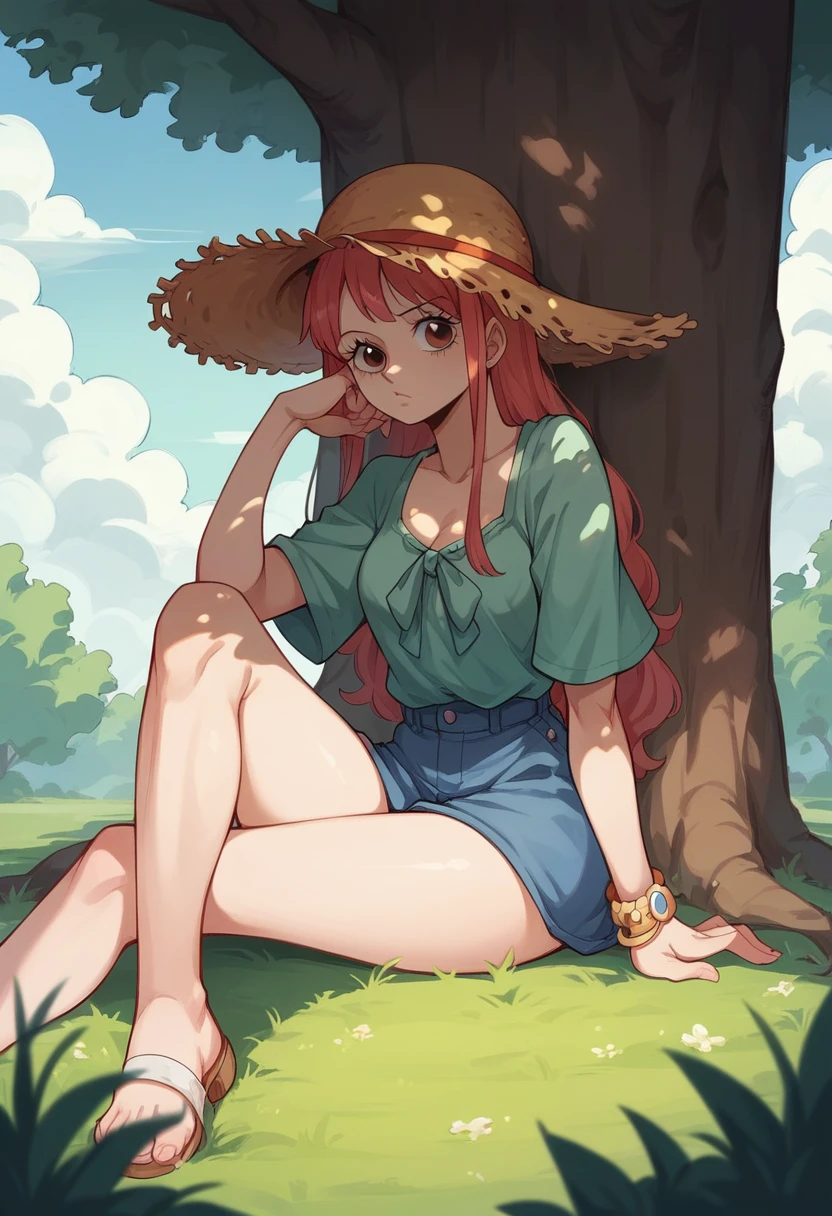 girl、one piece、Straw hat、Under the tree、Tree shade