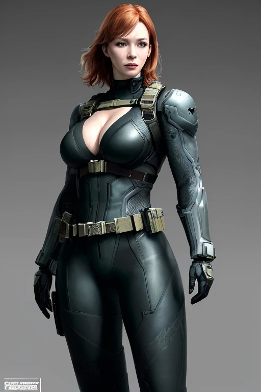 Christina Hendricks as an Metal Gear Solid Character, alluring 48 year old woman, High-quality facial research of Christina Hendricks, (Christina's sculpted cheekbones and slight wrinkles around the face), High-quality detailed research of Christina Hendricks voluptuous figure, large breasts, buxom chested. Skin-tight black leather suit, utility belt, boots. Whole body, Casual pose, Beautiful pose, (Extremely detailed CG 8k wallpaper), (Extremely delicate and beautiful), (Masterpiece), (Best quality: 1.0), (Ultra-high resolution: 1.0), Beautiful lighting, Perfect lighting, Realistic shadows, [high resolution], Detailed skin, Super detailed (((Colorful))), Digital art, metal gear solid concept art, full body concept art, Expert concept art with high detail, concept-art, stealth game concept art, concept-art, Yoji Shinkawa style, Video game concept art, 4K, full body portrait
