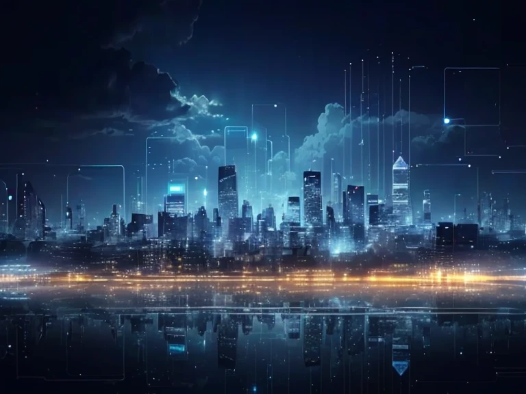 There are lots of lights and lots of clouds, Future Cityscape Photos, Night city background, Particle lines,Technology