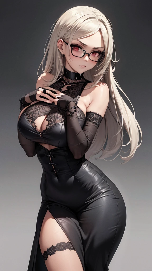 masterpiece, best quality, (extremely detailed CG unity 8k wallpaper), (best illustration), (best shadow), absurdres, realistic lighting, beautiful detailed glow, Create an art piece of a woman with a gothic aesthetic. She is wearing a black, intricate strappy outfit with a pentagram design on the chest and lace detailing on the waist, similar to the one in the first image. Her outfit includes a choker with a heart-shaped charm, a gothic bracelet, and a black ring. The woman's face has a fair complexion, dark lipstick, and dark, slightly arched eyebrows. She wears glasses with a black frame and has an overall expression of quiet confidence. Her hair is light blonde with darker roots, tied back in a casual yet stylish way. Details: Strappy black outfit with pentagram design and lace detailing Gothic accessories (choker, bracelet, ring) Background: fair skin, dark lipstick, dark eyebrows Glasses: black frame Hairstyle: light blonde with dark roots, tied back, gothic aesthetic, curvy body, cute adorable face, seductive gaze, Full body picture, sexy, seductive, busty, thicc butt, great shading, shadows, detailed butt. Random sexy poses, taken from random photo angles. Photo from behind. huge butt