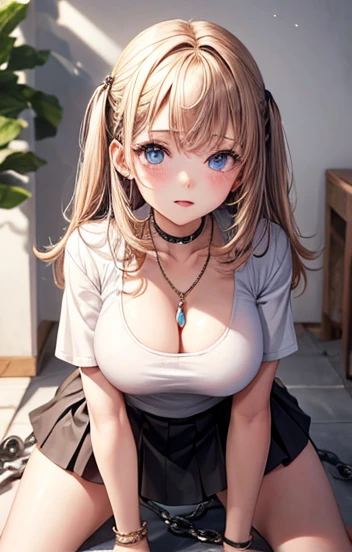 Girl, 16 years, on all fours, Necklace with chain, very large breasts, white top, black very short skirt, Belly-free, reddened cheeks