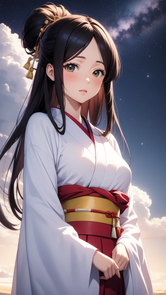 anime, 1 woman, 20 years old, Black Hair, Orihime,kimono,milky way,Starry Sky