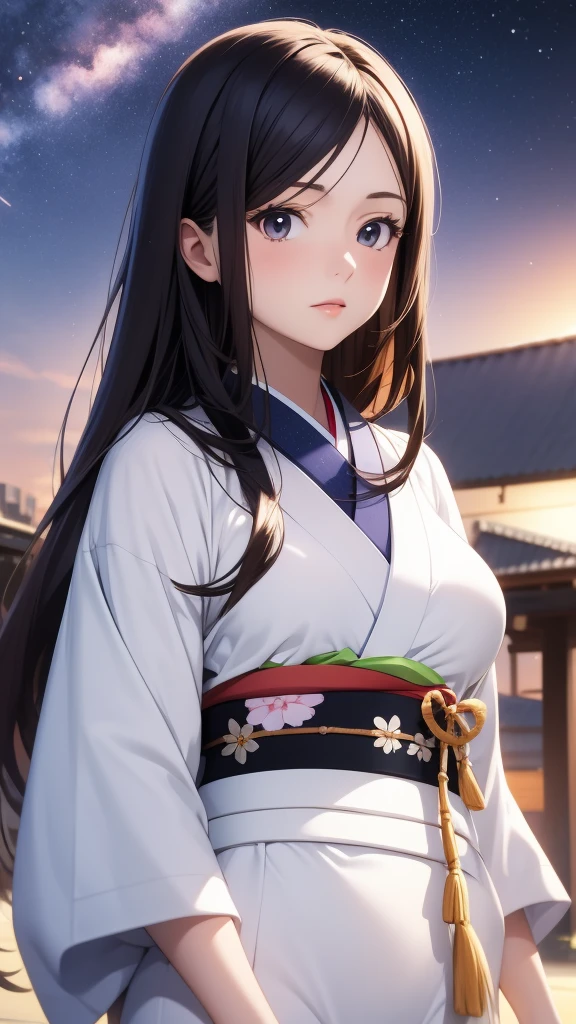 anime, 1 woman, 20 years old, Black Hair, Orihime,kimono,milky way,Starry Sky