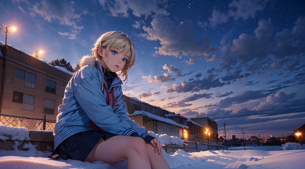 masutepiece,8K,octans, Skysky, stars(Skysky), landscapes, starrysky, natta, 1girl in, nigh sky, report, plein air, built, ​​clouds, milkyway, sitting on, City, silhuette, Cityscape,(Short, Low twin-tailed blonde hair:1.2),(Deep Blue Eyes:1.3),(winter school uniform:1.1)