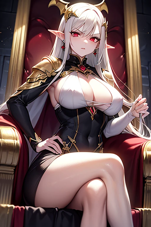 masterpiece, extra limbs, 1vampire lady, 250 years old,((light gold extra long hair)), slant blank ruby red eyes, big breasts, muscle,(pale white finely detailed skin), (serious),(((clothed Necromancer))),hair ornaments,earrings,cape,evil sword,crossed legs,sitting on throne,old castle,midnight