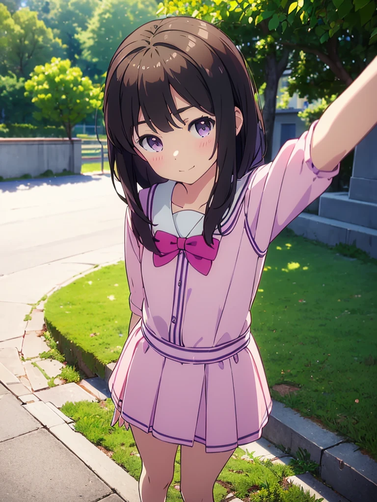 (High quality), (masterpiece), (very detailed), girl, (very small bust), short brown hair, purple eyes, shy face, (primary school ****), showing her thighs, on the school yard, sunny, camera angle from below, adorable eyes, (primar school uniform)