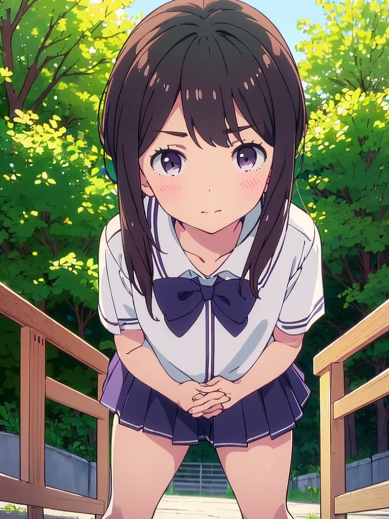 (High quality), (masterpiece), (very detailed), girl, (very small bust), short brown hair, purple eyes, shy face, (primary school loli), showing her thighs, on the school yard, sunny, camera angle from below, adorable eyes, (primar school uniform)