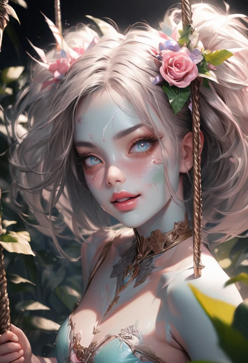 (Plants vs. Zombies), a cute girl, adorable zombie, idol-like, mischievous, fight against plants, drawing of a sword swing in a circle, swinging the sword down, 1girl, beautiful detailed eyes, beautiful detailed lips, extremely detailed facial features, long eyelashes, porcelain skin, cute expression, mischievous smile, ripped clothes, torn clothing, zombie-like skin, idol aesthetic, pastel colors, soft lighting, (highest quality,16k,highres,masterpiece:1.2),ultra-detailed,(ultra-realistic,photo-realistic:1.37)