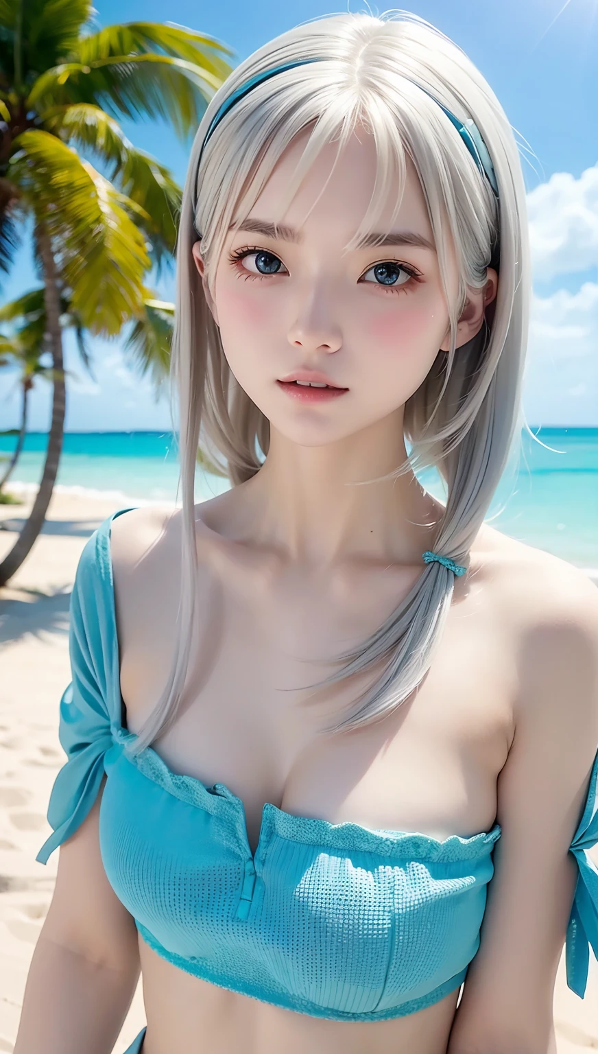 RAW Photos、Realistic、Ultra-realistic、Perfect Anatomy、Correct skeleton、Small face、1 Girl、 masterpiece、、 8K, Very detailed, 、Very detailedな顔と目、(Flat Body:1.34)、cute、Downward 、 Silver Hair, Grey 目s、 Beautiful face in every detail、Highly realistic photos、((White sand beach、Palm tree、blue sea、blue sky))、Cowboy Shot、Beach parasol、Highest quality、Ultra-high resolution、