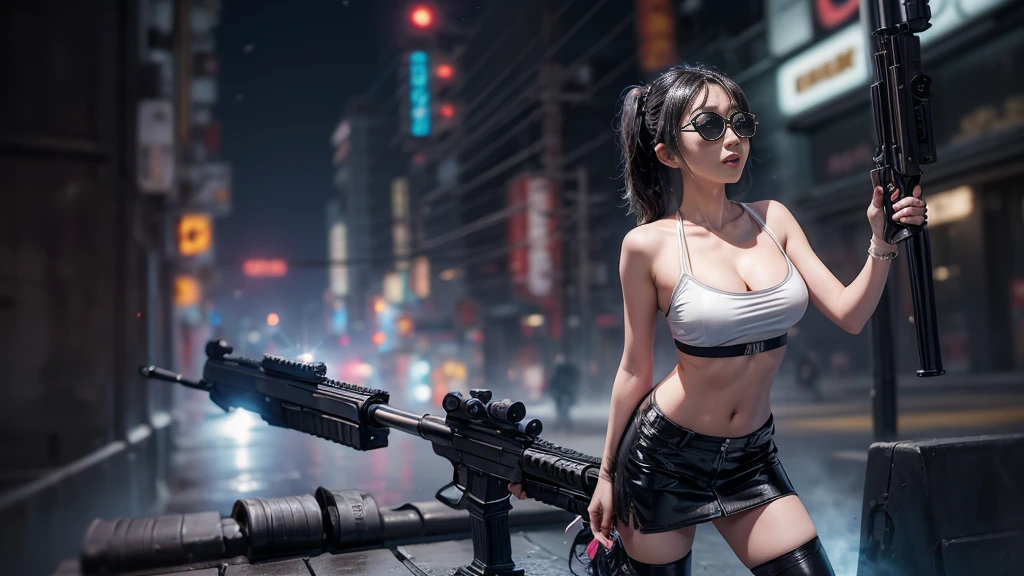8k, Realistic Skin Texture, Realistic Photo, Neo Tokyo, slim Japanese women, large-breast:1.3 cleavage:1.2, AD2050 at night, Dirty hunting jacket, Wearing tube top, miniskirt, (((black sunglasses, automatic rifle, sneakers, cold, shooting pose, low angle view))), Innovative composition, revenge, cyberpunk, blade runner worldview, Large neon sign, Geisha hologram sign, Strong Wakamoto Sign.