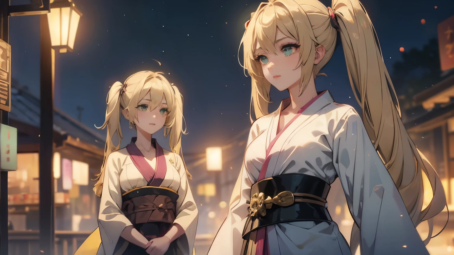 Layla , kimono night in firework , blonde hair, pigtailed haired , long hair , green eyes