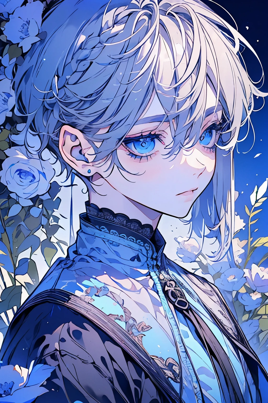 (Mastepiece), (Best Quality), Very detailed, 1 boy, Solo Shooting, Perfect Face, Beautiful Face, Very detailedな顔,(Gray Hair:1.3),(short hair:1.4)、(Big eyes:1.4),(Long eyelashes:1.4)、(Light blue eyes:1.3)、Black clothes、Lots of flowers、petal