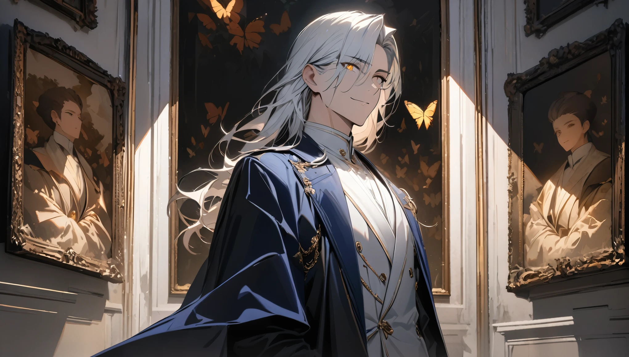 (masterpiece:1.5),best quality,(1 Handsome man),alone,white long length hair,(Golden eyes), (A soft smile),elegant,perfect face,Long black trench coat,white and blue cloth,white leather gloves,white lining,Slightly muscular body,High,8K,Beautiful contrast of light and shadow,Dark luxury background,(complete upper body),Positive face,luxury screen,Standing in front of the historical oil painting,Exquisite picture frame,((many butterflies)),(Museum),Museum