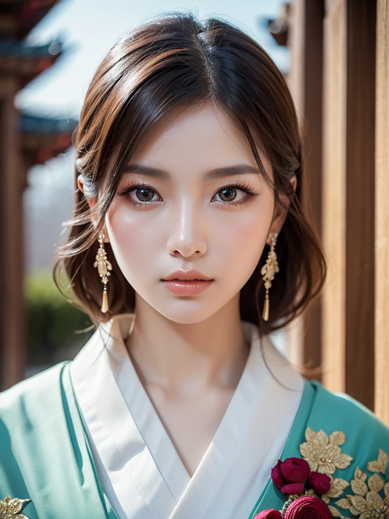 beautiful detailed eyes, beautiful detailed lips, extremely detailed eyes and face, long eyelashes, 1girl, silver hair, pale skin, flawless skin, red and white kimono, ornaments, Ancient temple, dramatic lighting, ethereal, elegant, Serene, vibrant colors, glowing skin, delicate features, intricate details, (best quality,8K,highres,masterpiece:1.2),ultra-detailed,(realistic,photorealistic,photo-realistic:1.37)、Korean national costume