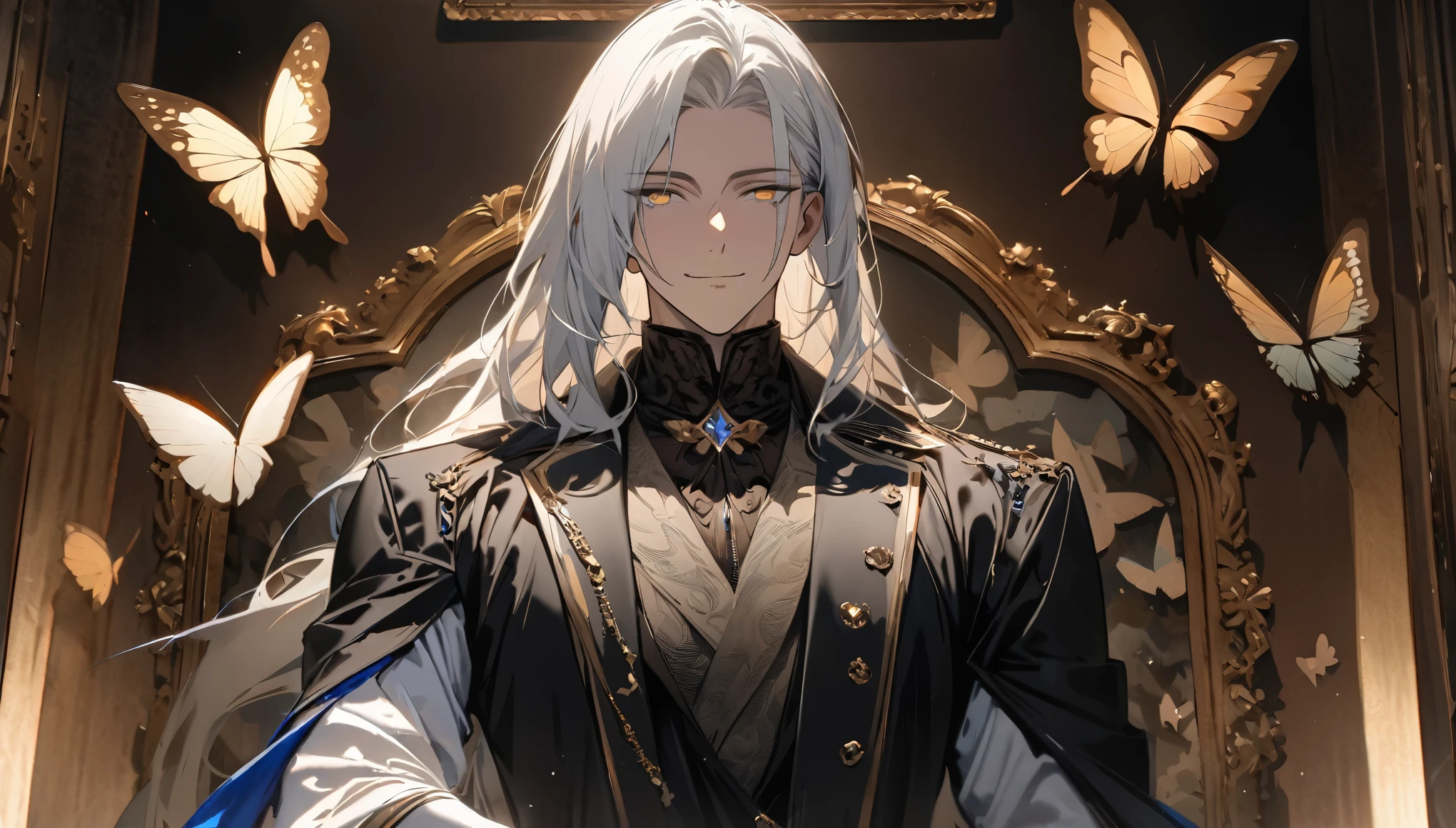 (masterpiece:1.5)，best quality，(1 Handsome man)，alone，white long length hair，(Golden eyes), (A soft smile)，elegant，perfect face，Long black trench coat，white and blue cloth，white leather gloves，white lining，Slightly muscular body，High，8K，Beautiful contrast of light and shadow，Dark luxury background，(complete upper body)，Positive face，luxury screen，Standing in front of the historical oil painting，Exquisite picture frame，((many butterflies))，(Museum)，Museum