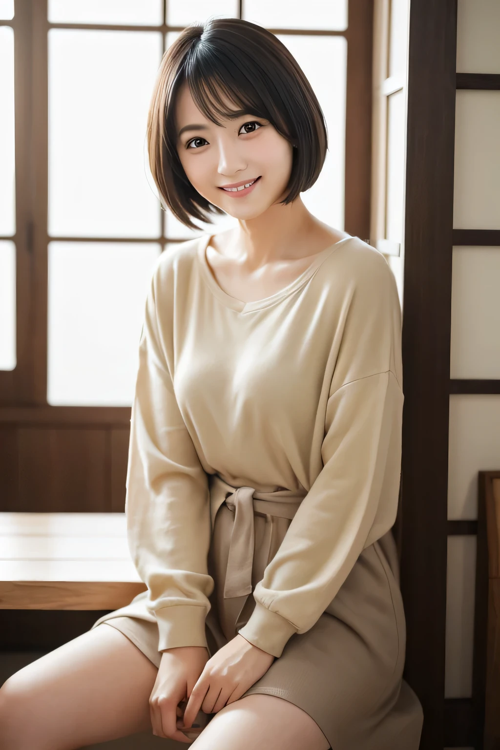 Portraiture、、high quality、Realistic Photographic Images、24-years-old、Japanese women、A decent wife、、housewife、Natural and realistic eyes、Japanese Stand、Beautiful black hair、short hair、light makeup、Octane Rendering、Beautiful lighting、Golden ratio composition、Laughter、Casual wear、Casual clothing、Natural background、Blurred Background、high resolution、Pure Japanese humanity、Beautiful wife、Upper Body、light makeup、 makeup、Pure beauty、Private Server、gray、beige、green、Plain、Casual clothing、smile、Small black eyes、Background blur