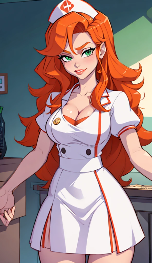 Sexy redhead with long hair, wearing white nurse's uniform, in her office, big lips, cleavage, huge breasts, milf, wide hips, thick thighs, depth of field, cinematic lighting, anatomically correct, high detail, red lipstick, freckles