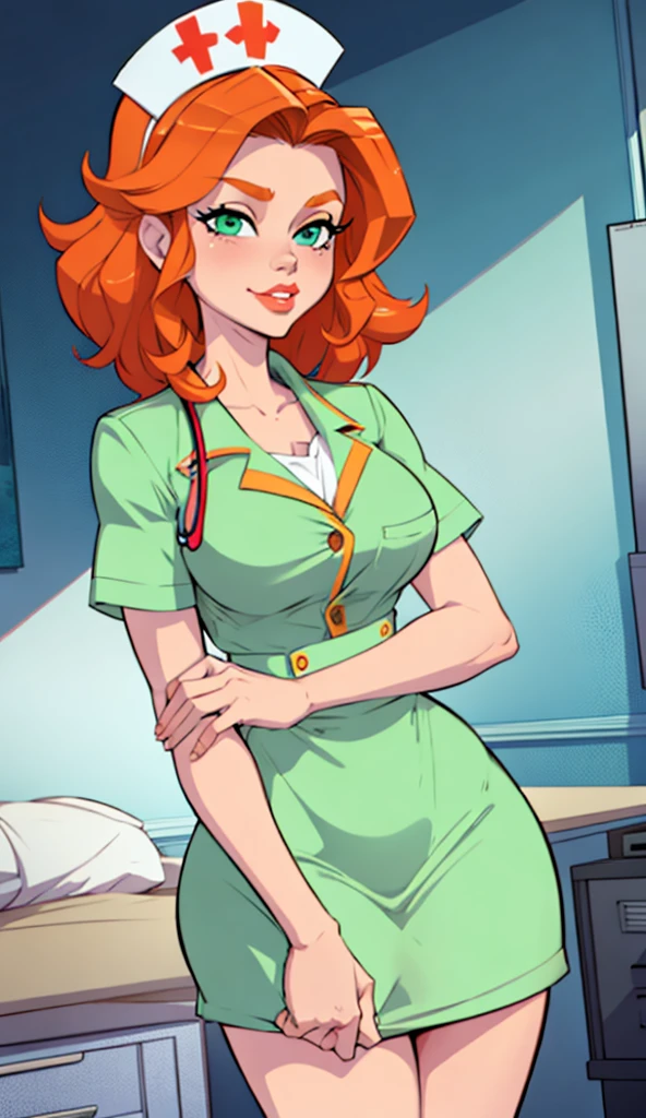 there is a woman in a skirt and a bow tie, 2 k,cutecore. she has pale blue skin!!!, gwen from ben 10 omniverse, redhead hair, showing breast