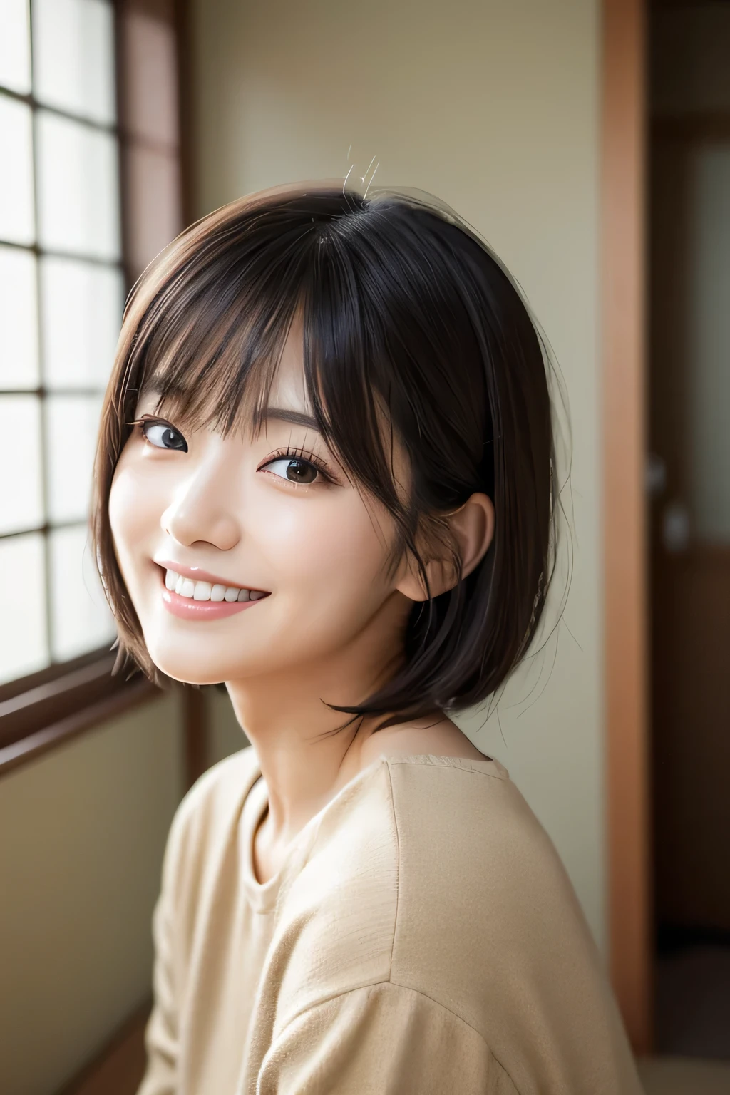 Portraiture、、high quality、Realistic Photographic Images、24-years-old、Japanese women、A decent wife、、housewife、Natural and realistic eyes、Japanese Stand、Beautiful black hair、short hair、light makeup、Octane Rendering、Beautiful lighting、Golden ratio composition、Laughter、Casual wear、Casual clothing、Natural background、Blurred Background、high resolution、Pure Japanese humanity、Beautiful wife、Upper Body、light makeup、 makeup、Pure beauty、Private Server、gray、beige、green、Plain、Casual clothing、smile、Small black eyes、Background blur