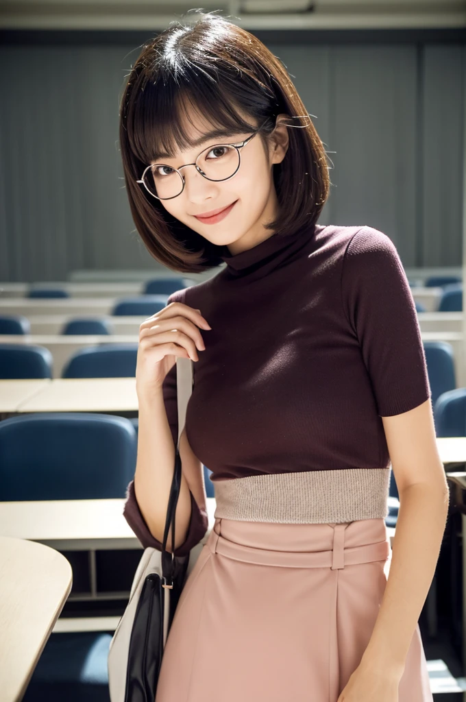Adult feminine sex appeal、Sexy female scholar、Surrounded by female college students、University lecture hall, university psychology associate professor, ((full body)), ((photo)), ((best qualtiy, 8K, tmasterpiece:1.3)), Focus:1.2, perfect figure beautiful woman:1.41woman, cowboy shot, look at viewer, eyes facing the camera, incredibly absurd, beautiful and cute woman with a photorealistic face, showcasing top-quality craftsmanship, A Japanese woman giving a lecture at a university lecture hall, 27 years old, with a bob cut and flipped hair, short bangs swept at an angle, smooth and shiny hair, natural hairline, fair and smooth skin, plump and healthy cheeks, large, jet black eyes, round eyes, long and upward-facing eyelashes, double eyelids, thin and straight eyebrows, small and round nose, plump lips, upturned corners of the mouth, charming smile, cute face, glamorous, well-balanced proportions, tall, beautiful D-cup breasts, silver-rimmed glasses, pink blouse, black tight skirt, fashion with a waist-marked silhouette, scarf, heeled shoes, vanilla perfume, beautiful, pretty older woman, glasses suit her, knowledgeable, playful, curious, smart, elegant, November