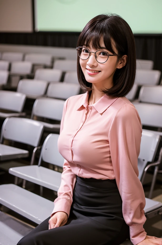 University lecture hall, university psychology associate professor, ((full body)), ((photo)), ((best qualtiy, 8K, tmasterpiece:1.3)), Focus:1.2, perfect figure beautiful woman:1.4, 1woman, cowboy shot, look at viewer, eyes facing the camera, incredibly absurd, beautiful and cute woman with a photorealistic face, showcasing top-quality craftsmanship, A Japanese woman giving a lecture at a university lecture hall, 27 years old, with a bob cut and flipped hair, short bangs swept at an angle, smooth and shiny hair, natural hairline, fair and smooth skin, plump and healthy cheeks, large, jet black eyes, round eyes, long and upward-facing eyelashes, double eyelids, thin and straight eyebrows, small and round nose, plump lips, upturned corners of the mouth, charming smile, cute face, glamorous, well-balanced proportions, tall, beautiful D-cup breasts, silver-rimmed glasses, pink blouse, black tight skirt, fashion with a waist-marked silhouette, scarf, heeled shoes, vanilla perfume, beautiful, pretty older woman, glasses suit her, knowledgeable, playful, curious, intelligent, elegant, November