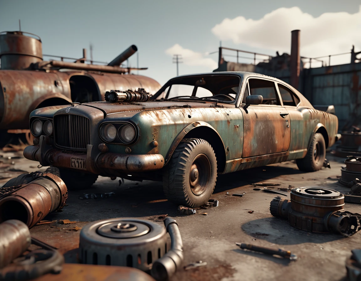 A old Bentley charger made of scrap metal, buzz saw launcher on the roof, post-apocalyptic, rusty, detailed grungy texture, without hood, weathered, worn, battle-damaged, dramatic lighting, cinematic, dystopian, muted colors, gritty, realistic, 8k, high quality, detailed description [Without Hood]