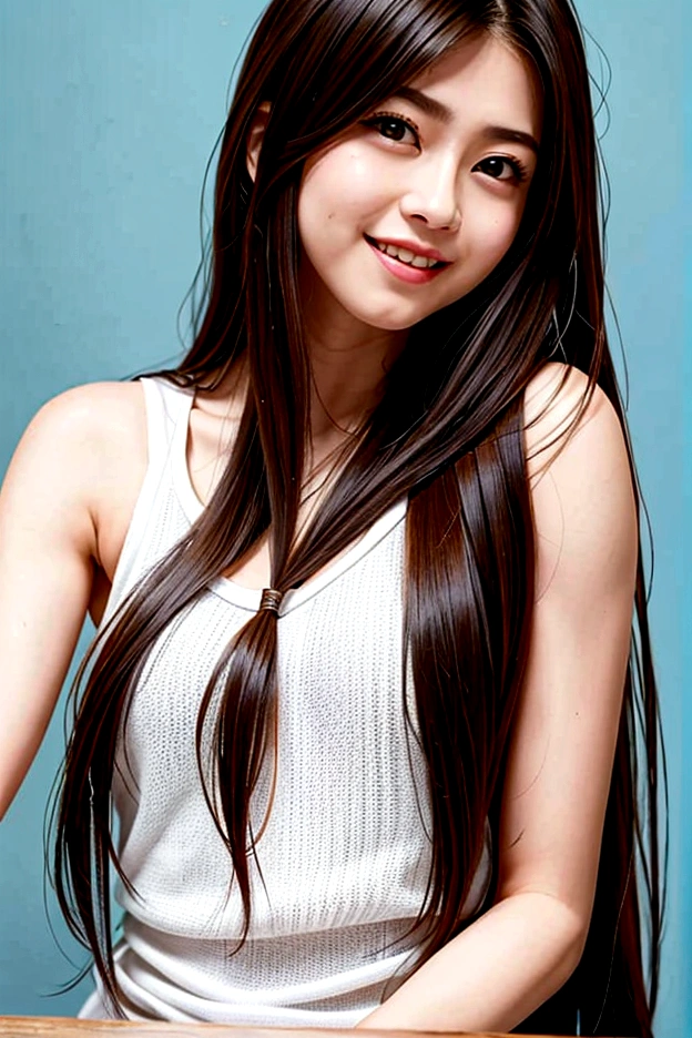 Long Hair、Brown Hair、whole body、Various fair skin、Silky Hair、White tank top、Big eyes、A strong-looking, handsome face、24-years-old、slender、Laugh cutely、Shiny Hair