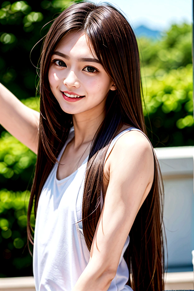 Long Hair、Brown Hair、whole body、Various fair skin、Silky Hair、White tank top、Big eyes、A strong-looking, handsome face、24-years-old、slender、Laugh cutely、Shiny Hair