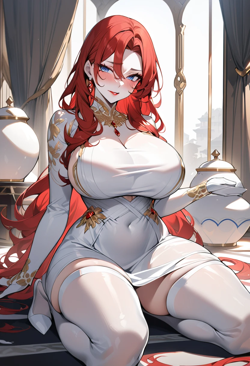 1 woman, tall, mature, voluptuous body, wide hips, big breasts, narrow waist, white skin, long red hair, beautiful blue eyes, perfect face, beautiful face, fine features, red painted lips.

Elegant white dress, gold jewelry, white stockings, white bowls.

kneeling in the middle of a large room, embarrassed expression

(Masterpiece) (High Definition) (Quality) (Detailed) (Perfect Drawing) (Expressive Face)