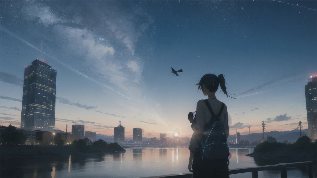 真っ暗なnight空,Octane, star (null), scenery, Blue parakeet,The acoustic guitar is in front of the body.,star, night, One Girl, Back view, alone, Outdoor, city,river,Blue parakeet,building, cloud, 天のriver, Back to back,silhouette