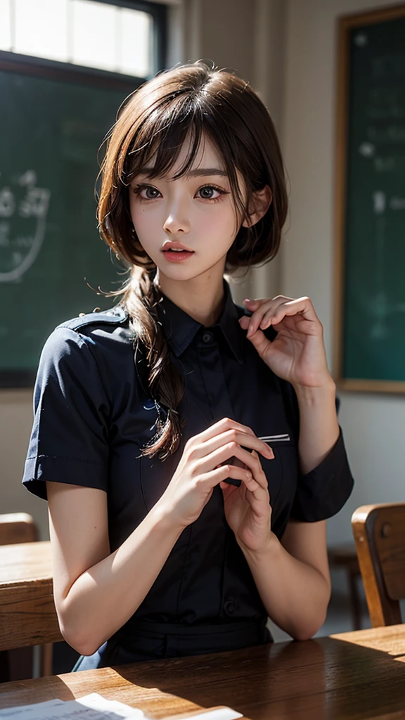 Tabletop, Highest quality, figure, Super detailed, In detail, High resolution, 8k wallpaper, Perfect dynamic composition, Beautiful attention to detail, Natural Lip,Wear a uniform、Blurry school background