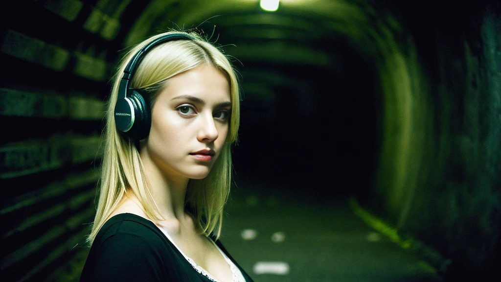 Beautiful blonde with big breasts in black mode casual (In a dark tunnel、sit),Wearing headphones,Very detailed, 21 years old, Innocent face, Bob Hair, blue eyes, High resolution, masterpiece, Highest quality, Intricate details, Very detailed, Clear focus, Delicate skin, practical skin texture, texture, Delicate eyes, Professional, 4K, Sad face,despair、 Shot with Canon, 85mm, Shallow and deep, Kodak Vision Color, Exactly, Very detailed, photograph_\(Extremist\), photographpractical, practical, Post-processing, Maximum details, Roughness, Real Life, Extremist practical, Photorealism, photographgraphy, 8K Ultra HD, photographgraphy